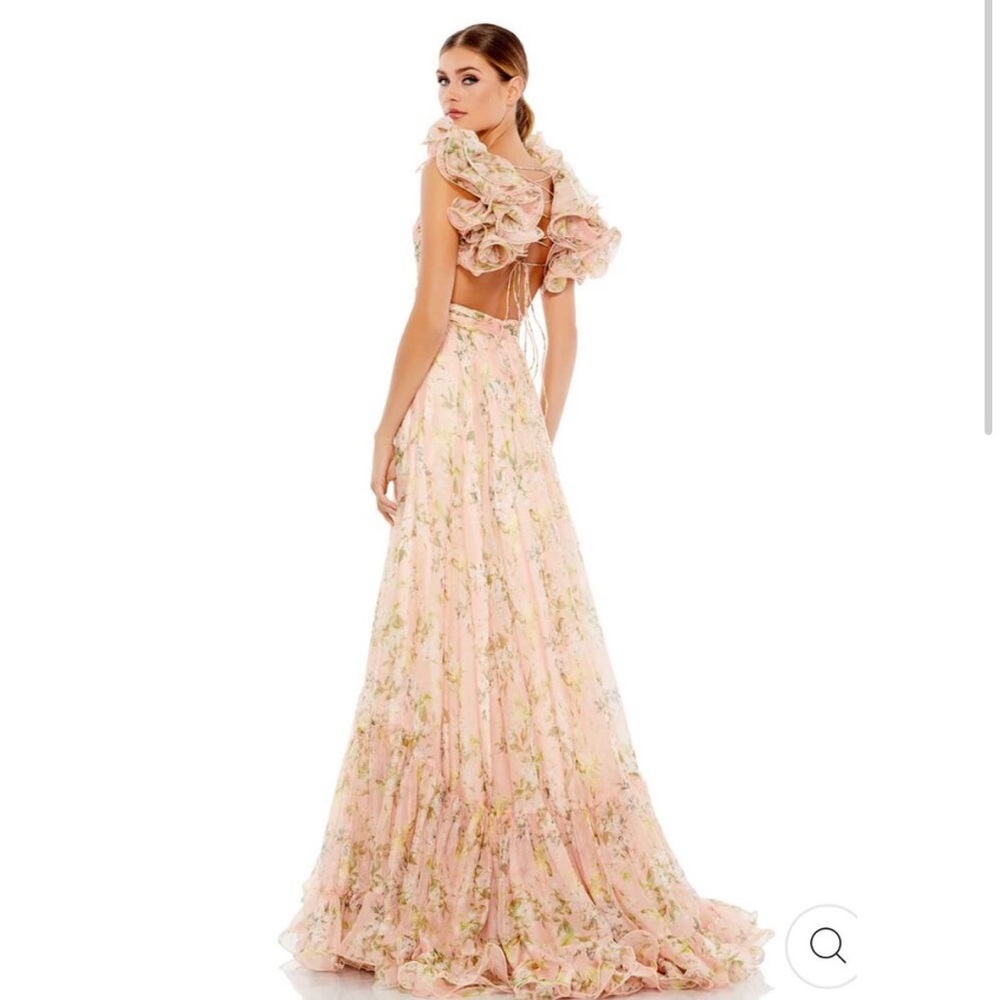 MAC DUGGAL Ruffle Tiered Floral Cut Out Chiffon Gown in Pink
